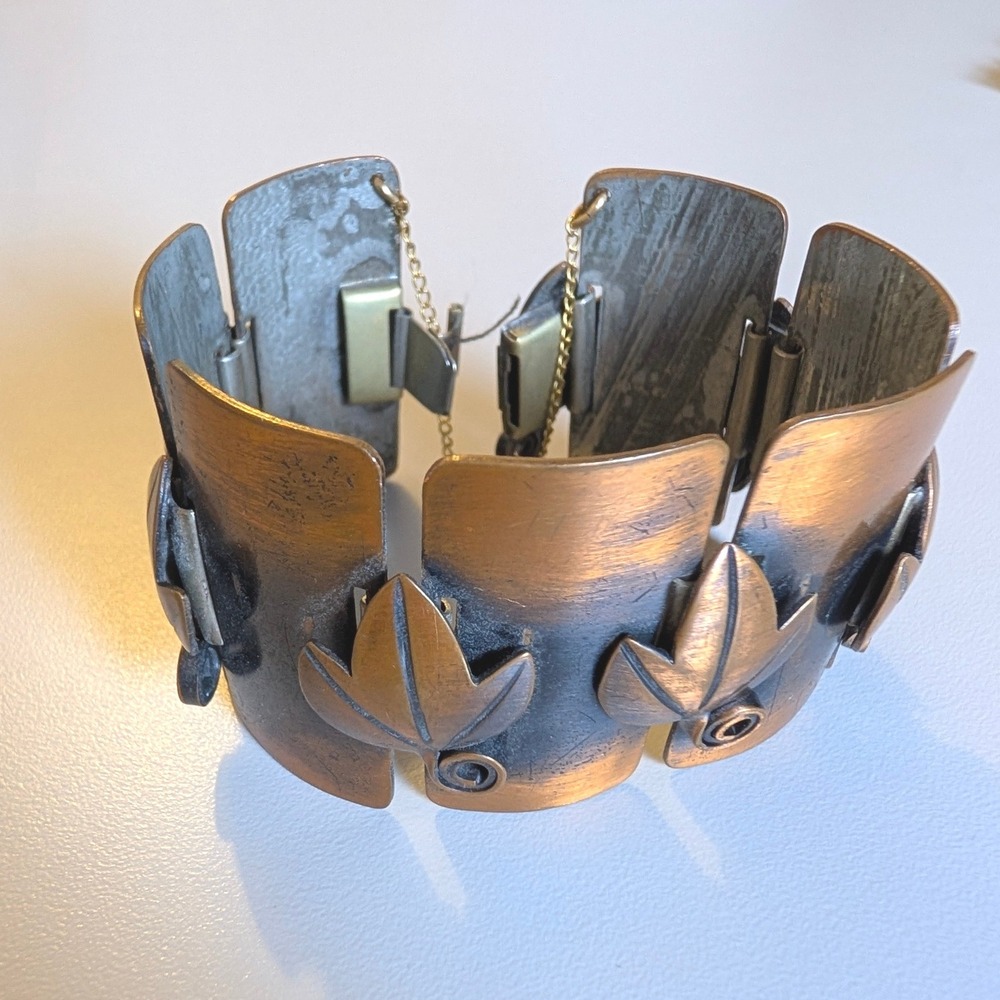 Frank Rebajes Signed Copper Leaf Panel Cuff Bracelet Statement